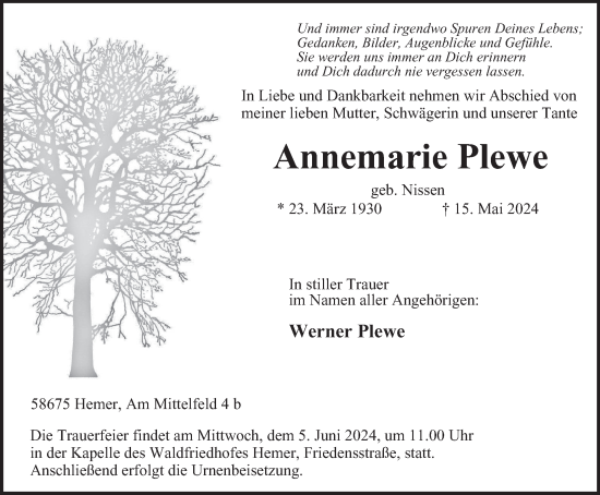 Traueranzeige von Annemarie Plewe von Tageszeitung