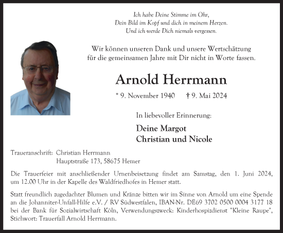 Traueranzeige von Arnold Herrmann von Tageszeitung