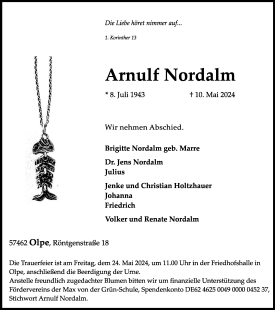 Traueranzeige von Arnulf Nordalm von Tageszeitung