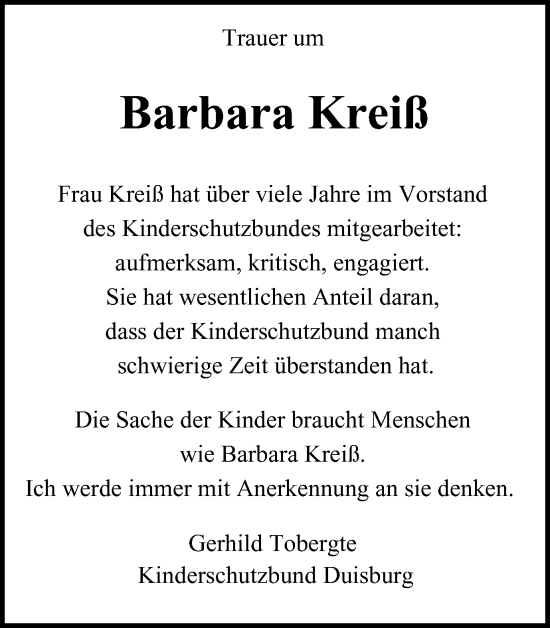Traueranzeige von Barbara Kreiß von Tageszeitung