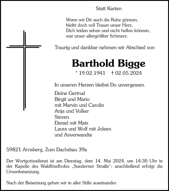 Traueranzeige von Barthold Bigge von Tageszeitung