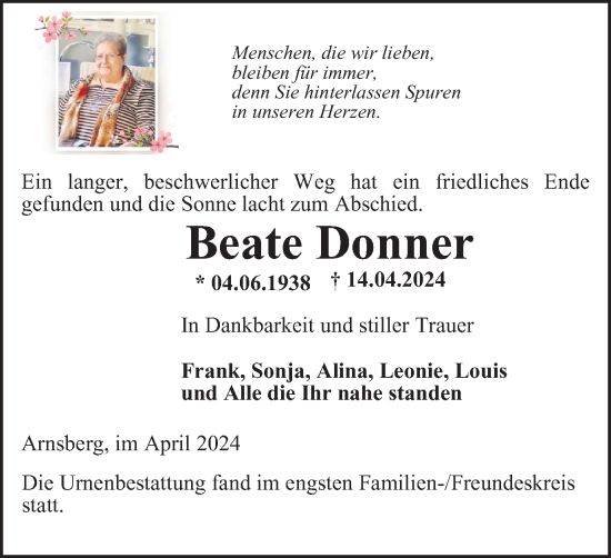 Traueranzeige von Beate Donner von Tageszeitung