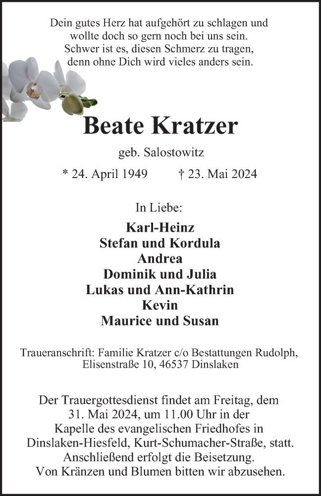  Traueranzeige für Beate Kratzer vom 29.05.2024 aus Tageszeitung