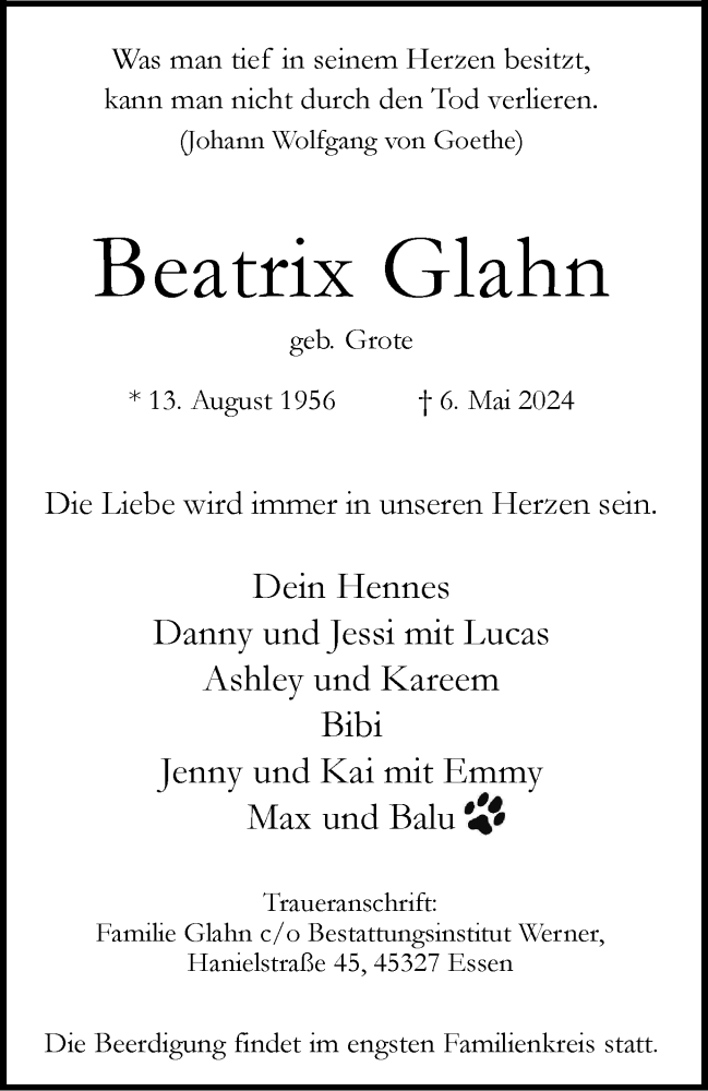  Traueranzeige für Beatrix Glahn vom 25.05.2024 aus Tageszeitung