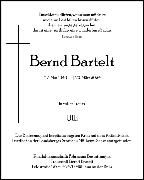 Traueranzeige von Bernd Bartelt von Tageszeitung