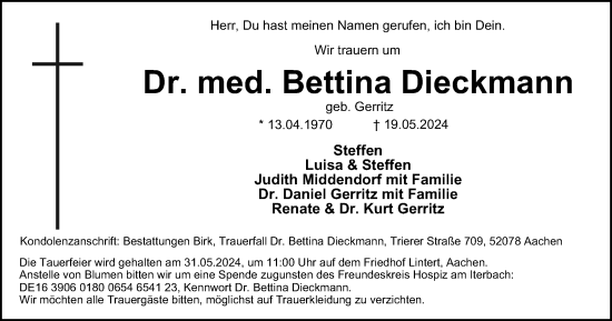 Traueranzeige von Bettina Dieckmann von Tageszeitung