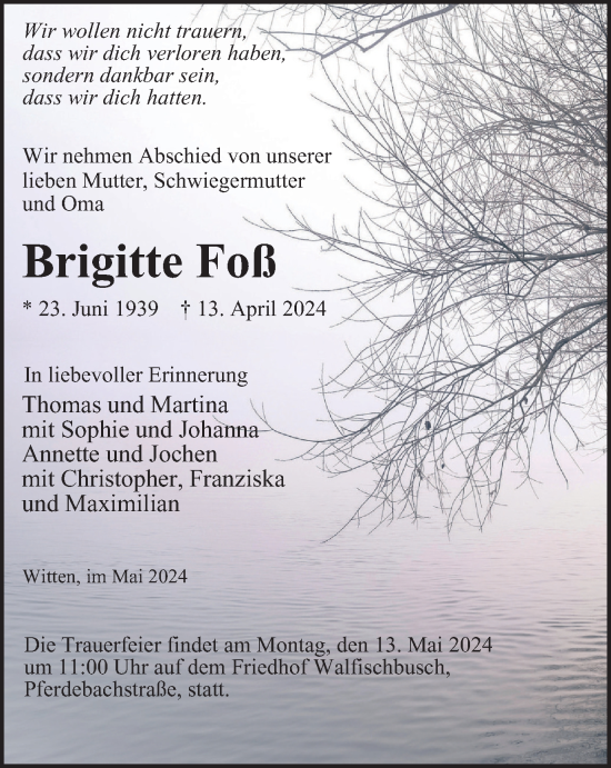 Traueranzeige von Brigitte Foß von Tageszeitung