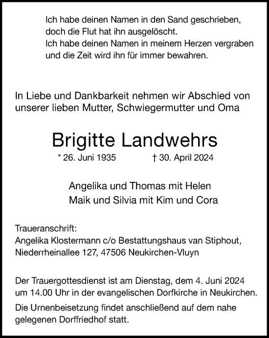 Traueranzeige von Brigitte Landwehrs von Tageszeitung