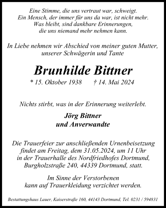 Traueranzeige von Brunhilde Bittner von Tageszeitung