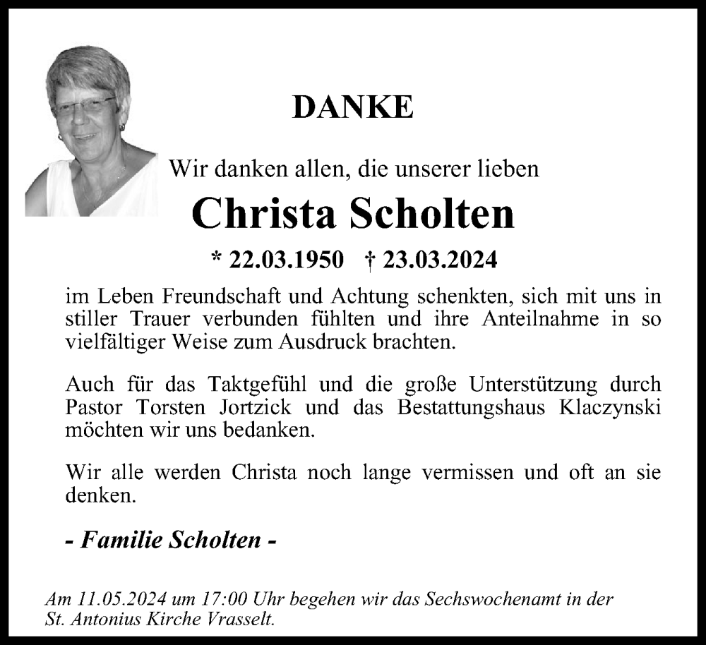  Traueranzeige für Christa Scholten vom 04.05.2024 aus Tageszeitung