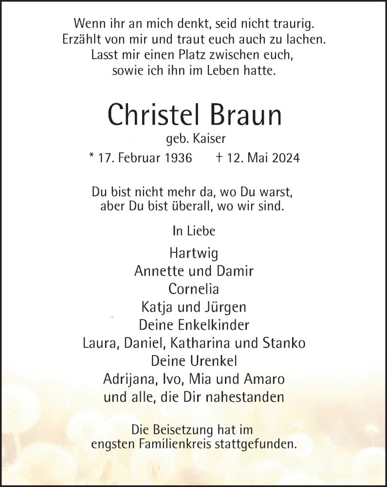  Traueranzeige für Christel Braun vom 25.05.2024 aus Tageszeitung