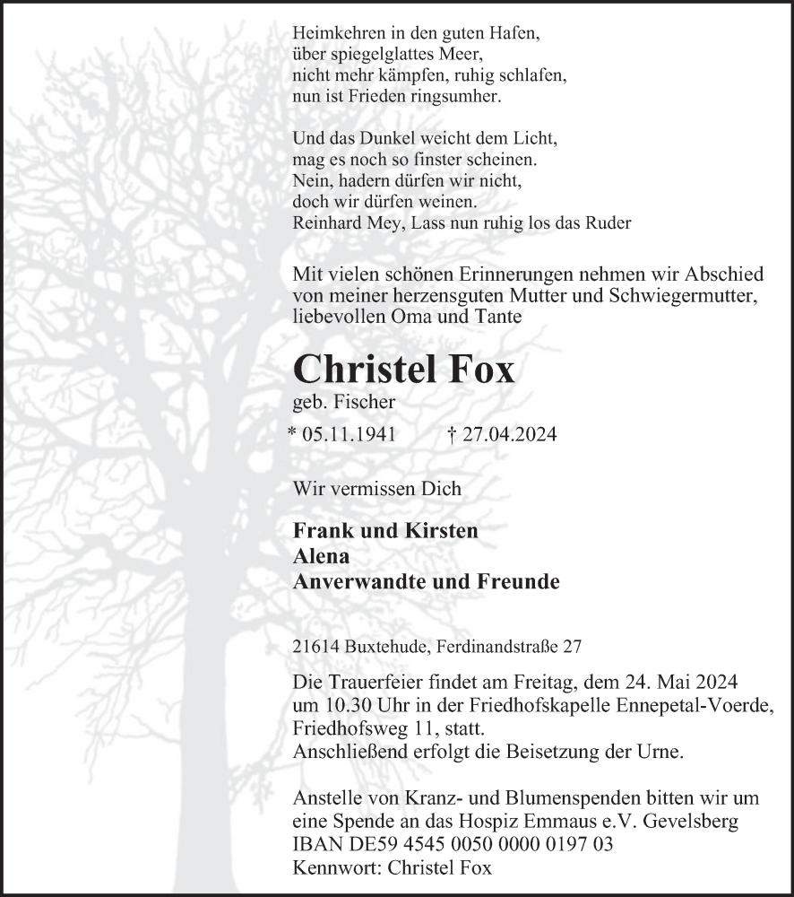  Traueranzeige für Christel Fox vom 11.05.2024 aus Tageszeitung