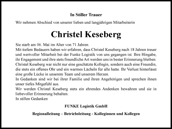 Traueranzeige von Christel Keseberg von Tageszeitung