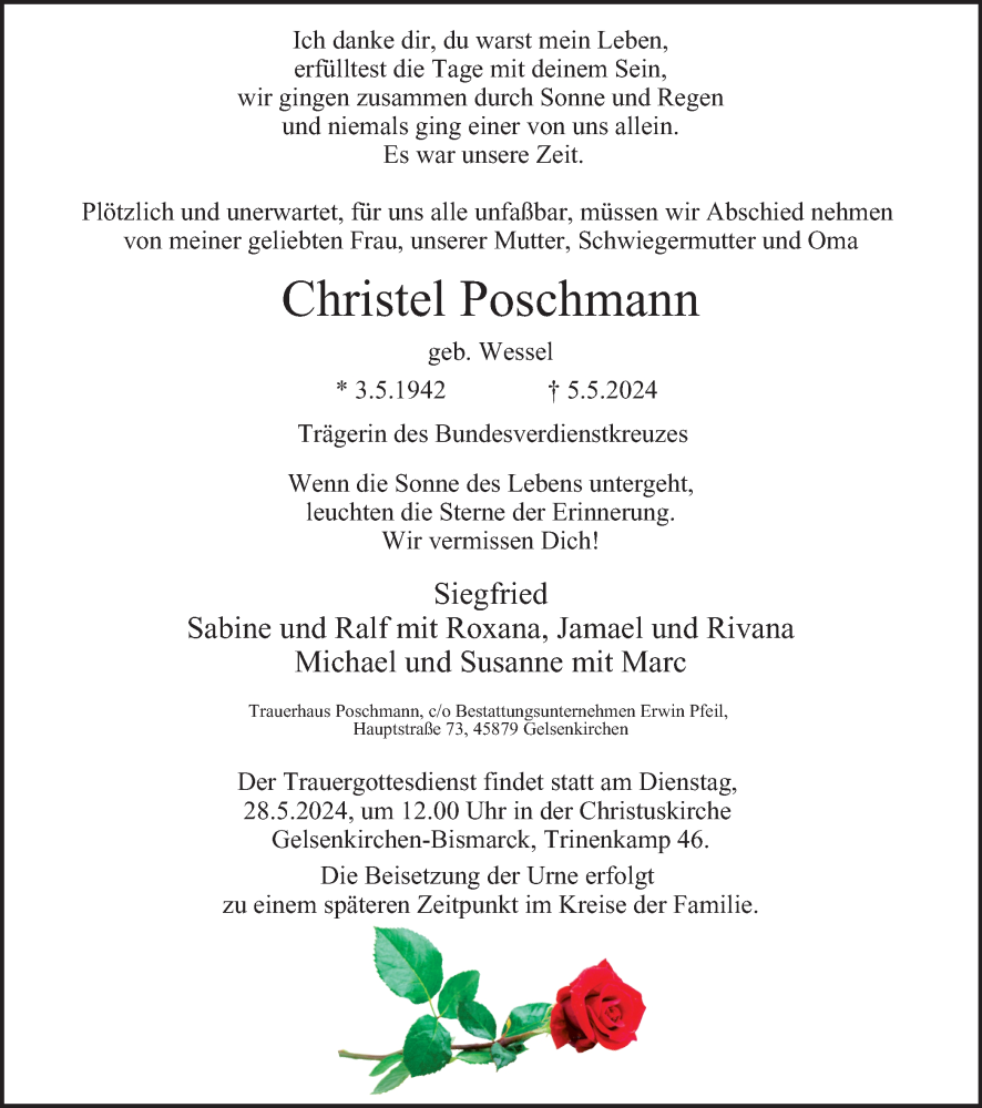  Traueranzeige für Christel Poschmann vom 18.05.2024 aus Tageszeitung