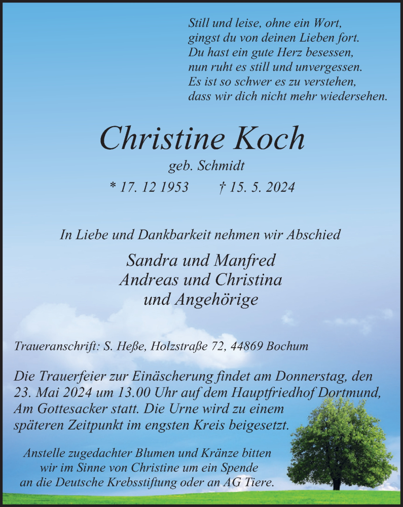  Traueranzeige für Christine Koch vom 18.05.2024 aus Tageszeitung
