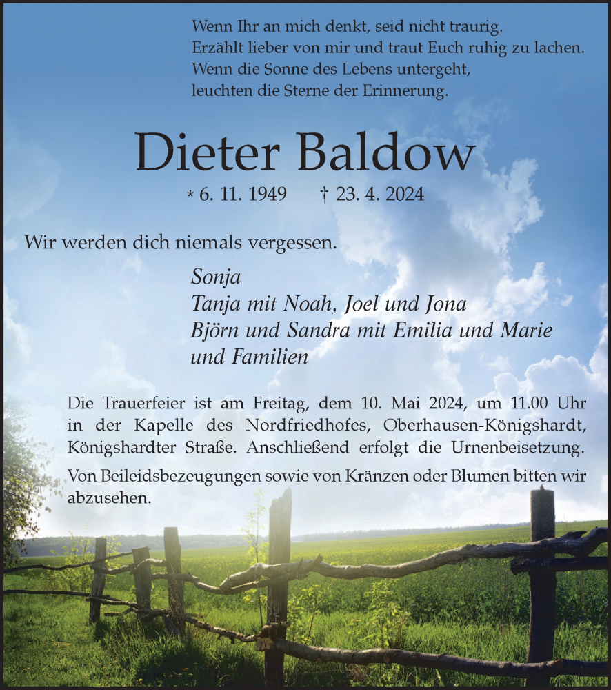  Traueranzeige für Dieter Baldow vom 04.05.2024 aus Tageszeitung