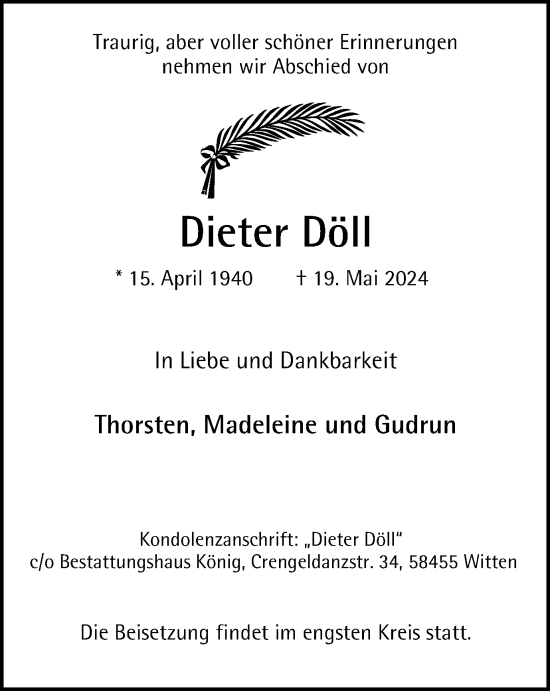 Traueranzeige von Dieter Döll von Tageszeitung