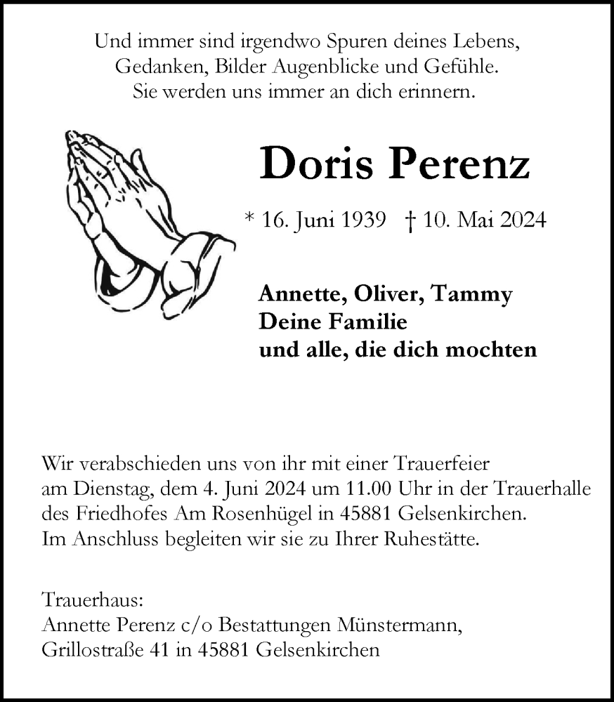  Traueranzeige für Doris Perenz vom 25.05.2024 aus Tageszeitung