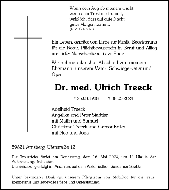 Traueranzeige von Dr. med. Ulrich Treeck von Tageszeitung