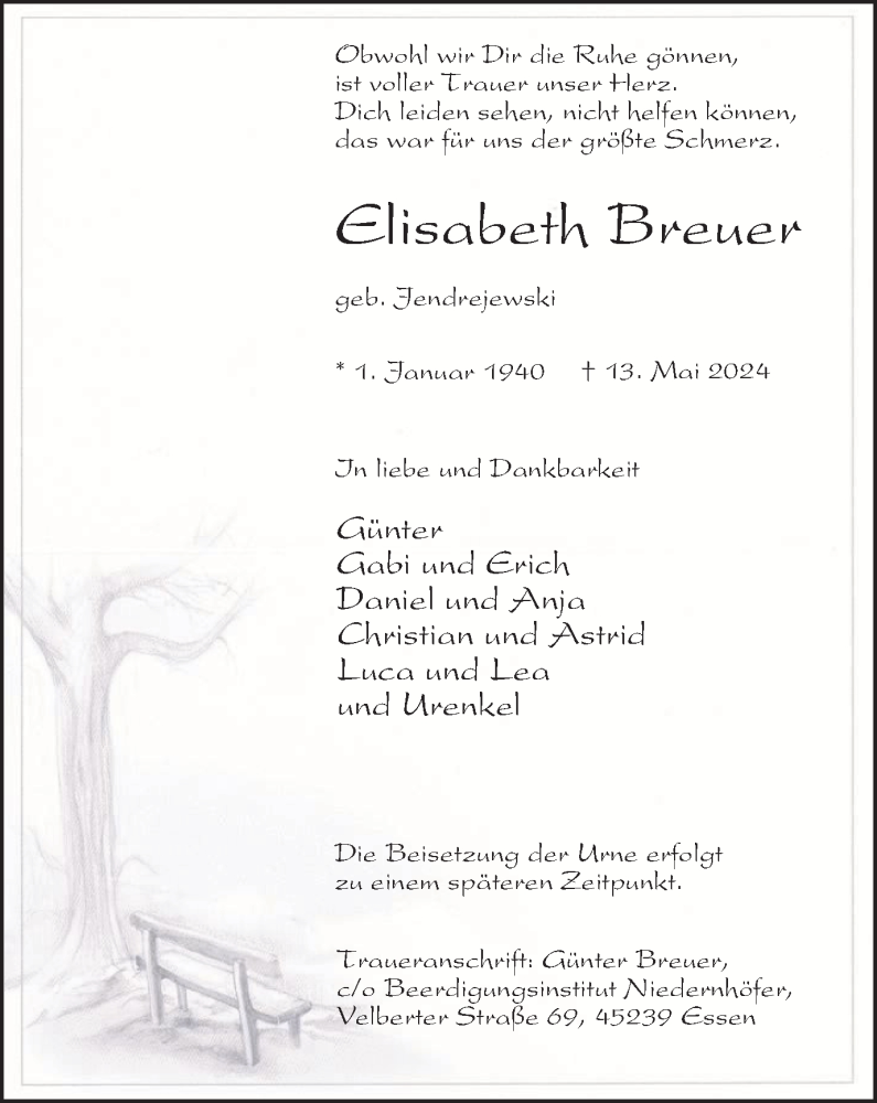  Traueranzeige für Elisabeth Breuer vom 17.05.2024 aus Tageszeitung