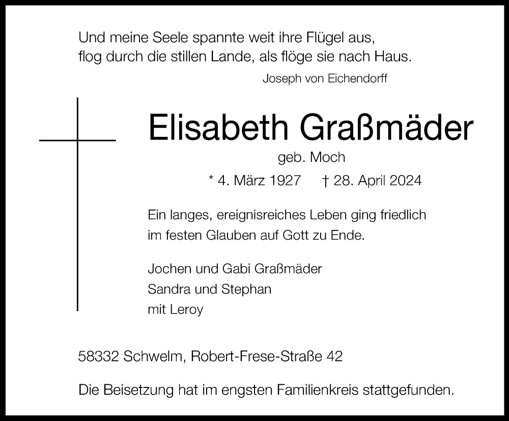 Traueranzeige für Elisabeth Graßmäder vom 08.05.2024 aus Tageszeitung