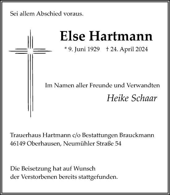 Traueranzeige von Else Hartmann von Tageszeitung