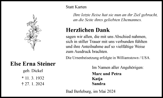 Traueranzeige von Else Erna Steiner von Tageszeitung