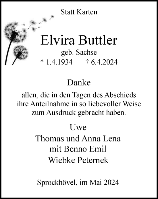 Traueranzeige von Elvira Buttler von Tageszeitung