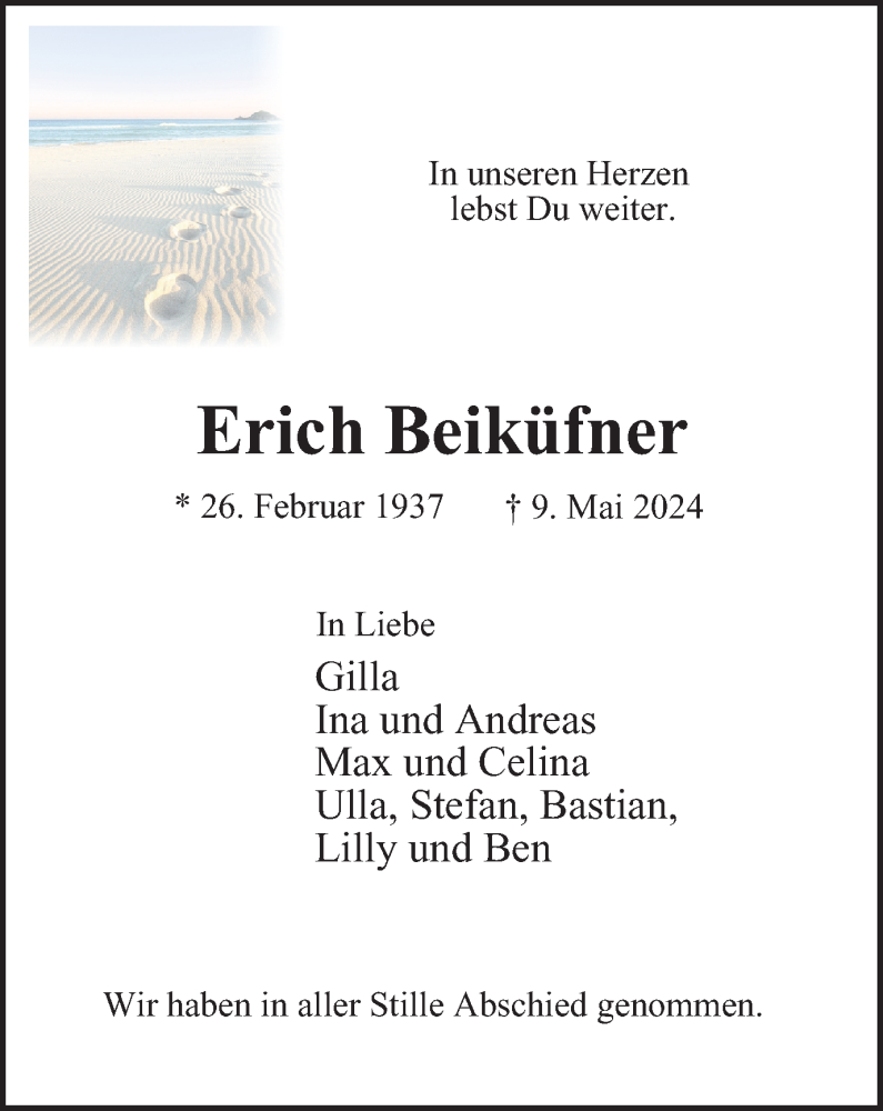  Traueranzeige für Erich Beiküfner vom 25.05.2024 aus Tageszeitung