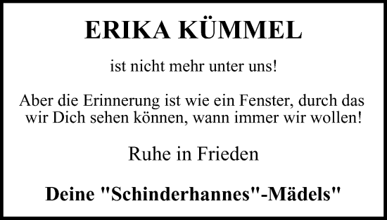 Traueranzeige von Erika Kümmel von Tageszeitung