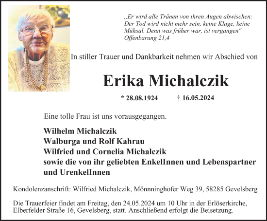 Traueranzeige von Erika Michalczik von Tageszeitung