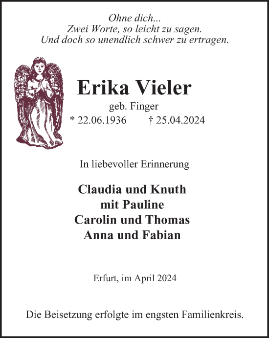 Traueranzeige von Erika Vieler von Tageszeitung