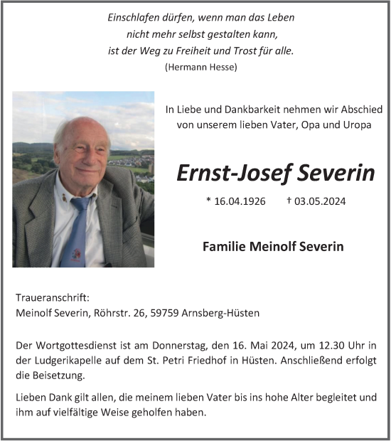 Traueranzeige von Ernst-Josef Severin von Tageszeitung