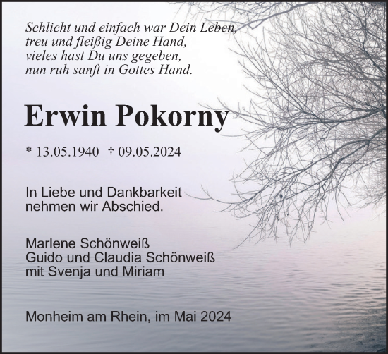 Traueranzeige von Erwin Pokorny von Tageszeitung