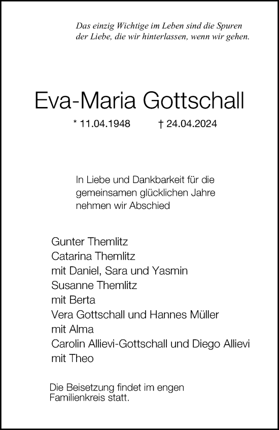 Traueranzeige von Eva-Maria Gottschall von Tageszeitung