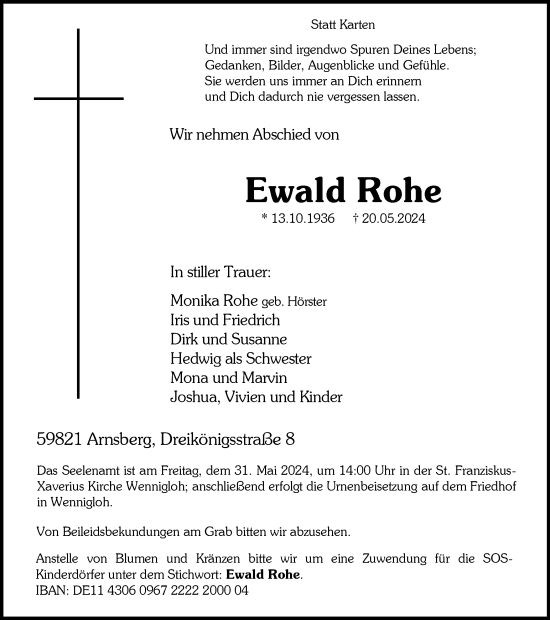 Traueranzeige von Ewald Rohe von Tageszeitung