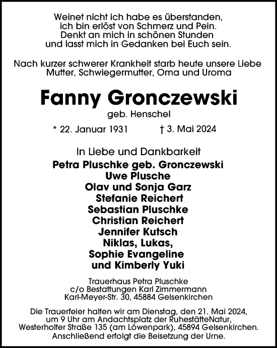 Traueranzeige von Fanny Gronczewski von Tageszeitung