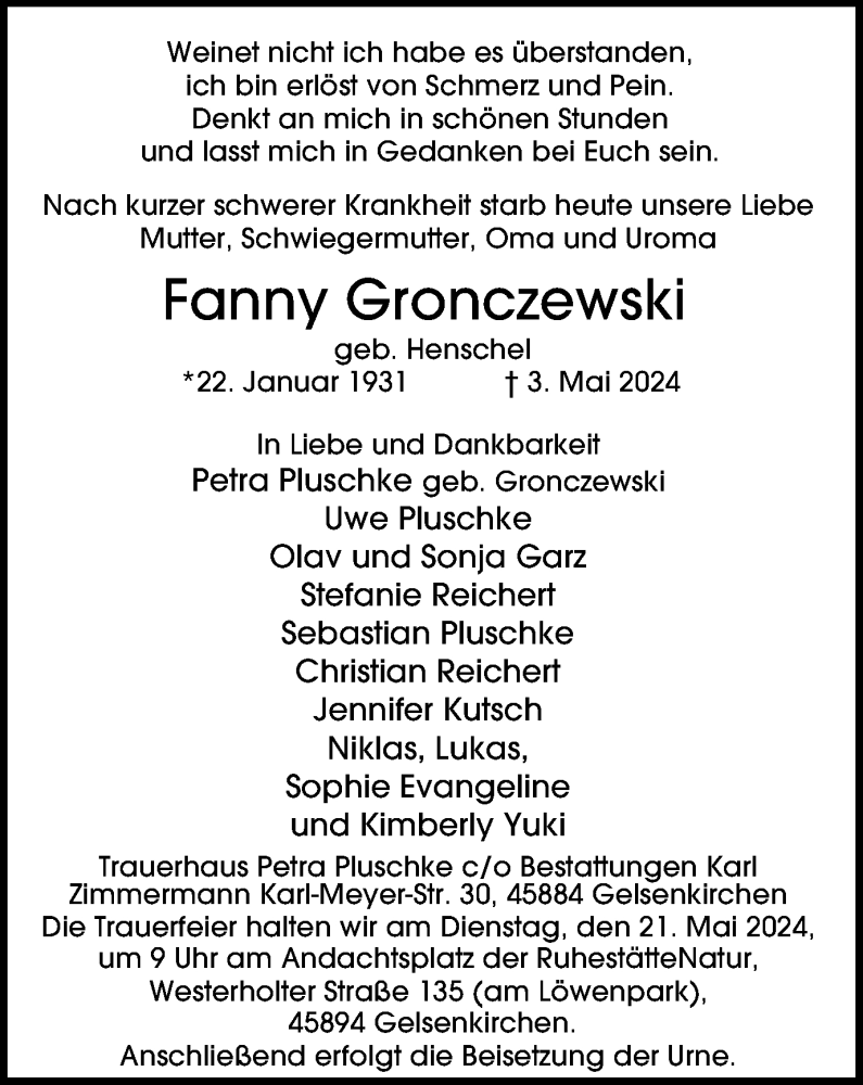  Traueranzeige für Fanny Gronczewski vom 18.05.2024 aus Tageszeitung