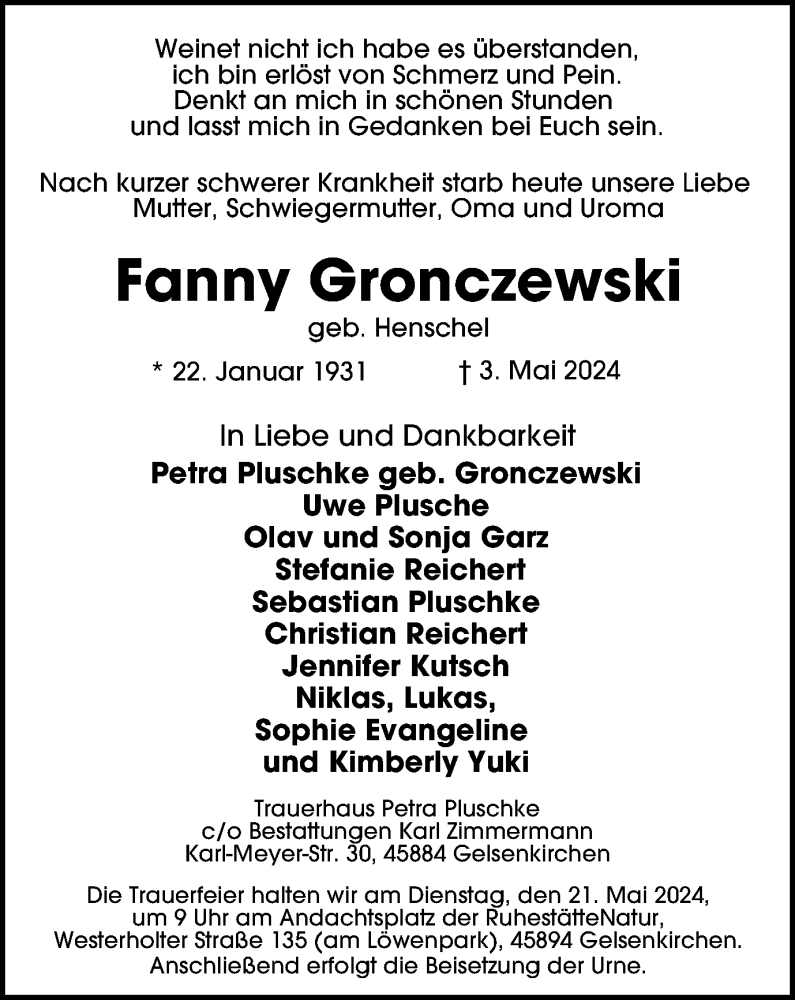  Traueranzeige für Fanny Gronczewski vom 15.05.2024 aus Tageszeitung