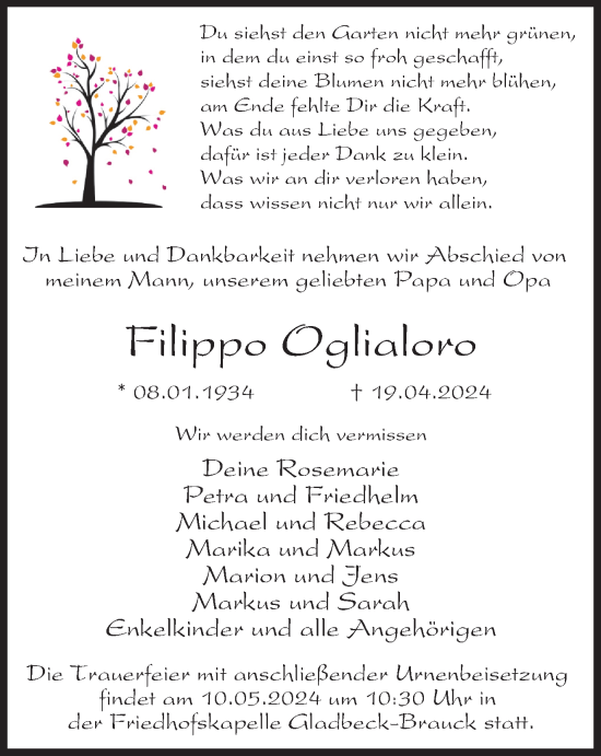 Traueranzeige von Filippo Oglialoro von Tageszeitung