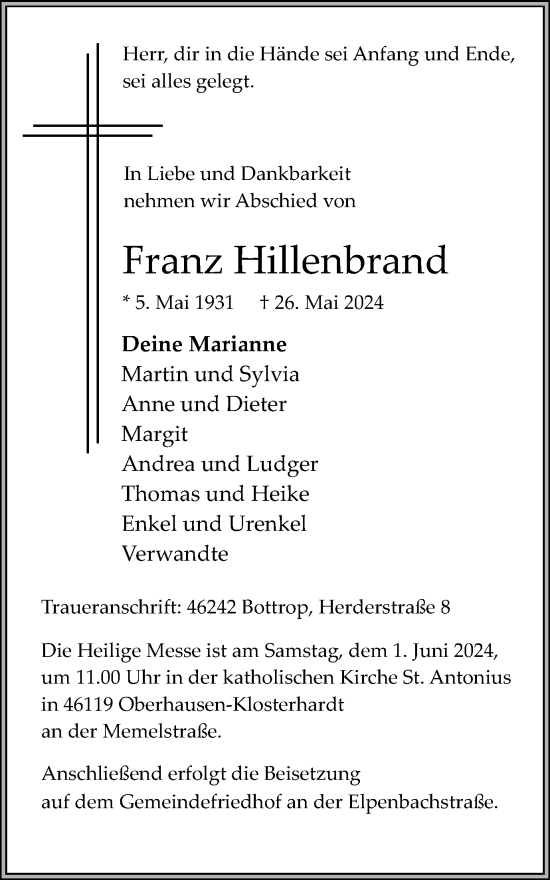 Traueranzeige von Franz Hillenbrand von Tageszeitung
