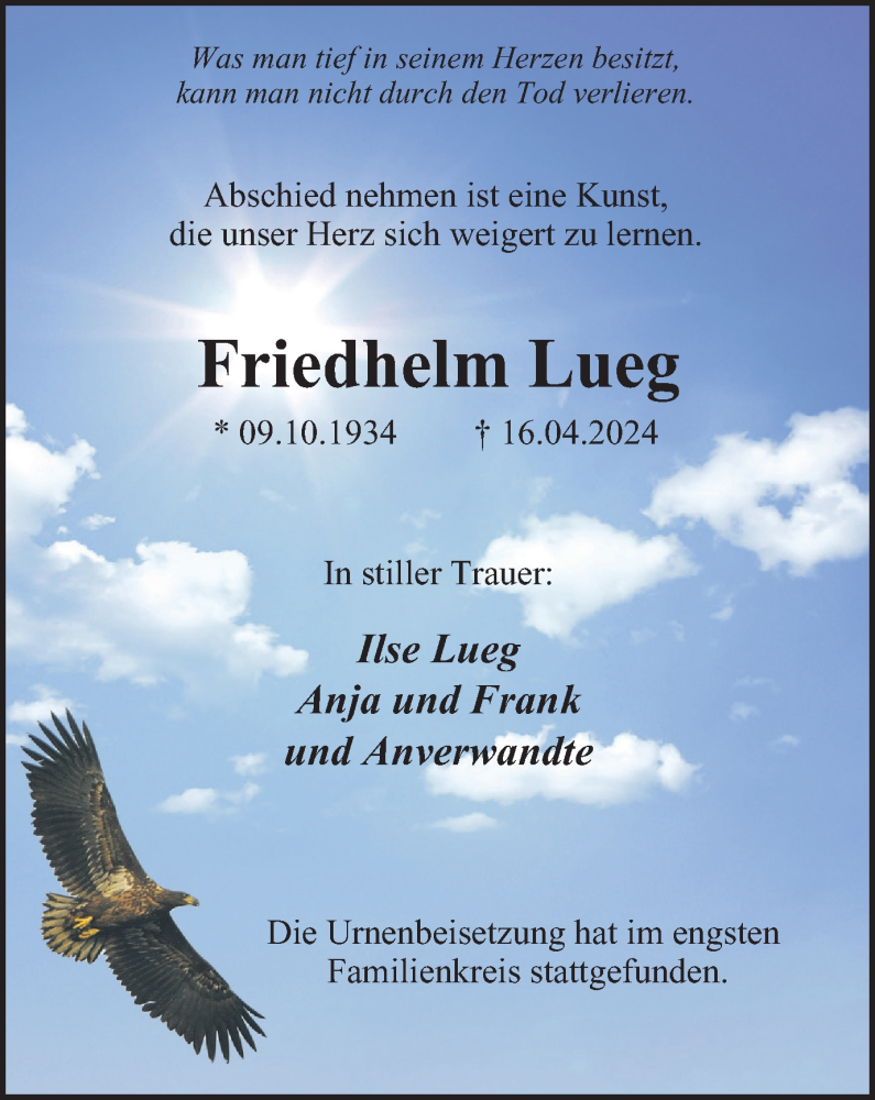 Traueranzeige für Friedhelm Lueg vom 18.05.2024 aus Tageszeitung