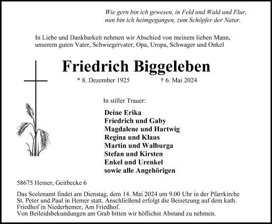 Traueranzeige von Friedrich Biggeleben von Tageszeitung