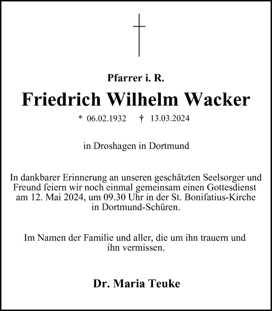 Traueranzeige von Friedrich Wilhelm Wacker von Tageszeitung