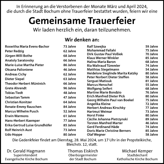 Traueranzeige von Gemeinsame Trauerfeier  von Tageszeitung