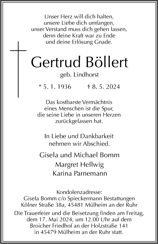 Traueranzeige von Gertrud Böllert von Tageszeitung