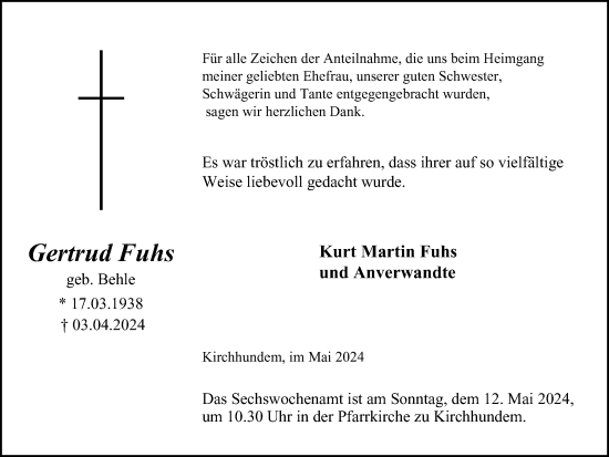 Traueranzeige von Gertrud Fuhs von Tageszeitung