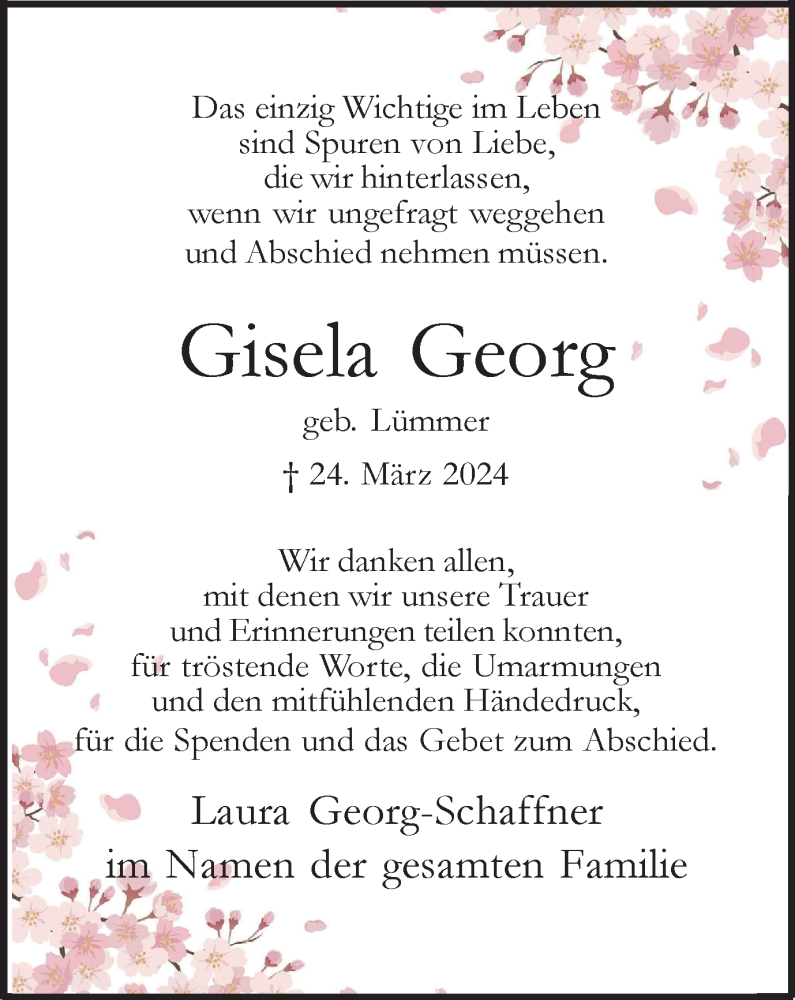  Traueranzeige für Gisela Georg vom 04.05.2024 aus Tageszeitung
