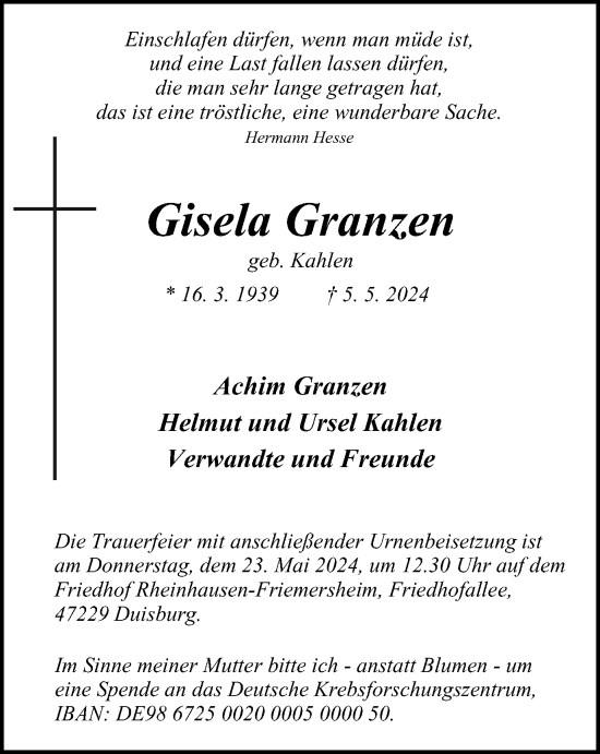 Traueranzeige von Gisela Granzen von Tageszeitung