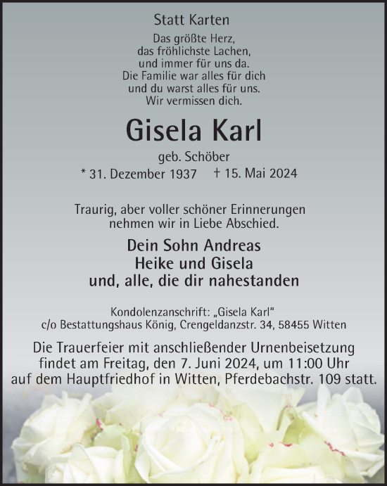 Traueranzeige von Gisela Karl von Tageszeitung